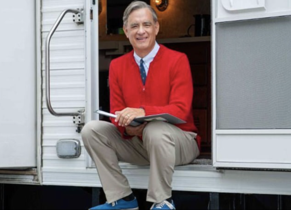 Tom Hanks dressed as Mr. Rogers on the set of "A Beautiful Day in the Neighborhood.” | TriStar Pictures