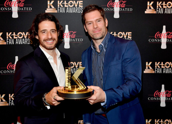 Jonathan Roumie and Dallas Jenkins of "The Chosen" with their award for TV/Film Impact (photo by Jason Davis/Getty Images for K-LOVE Fan Awards)